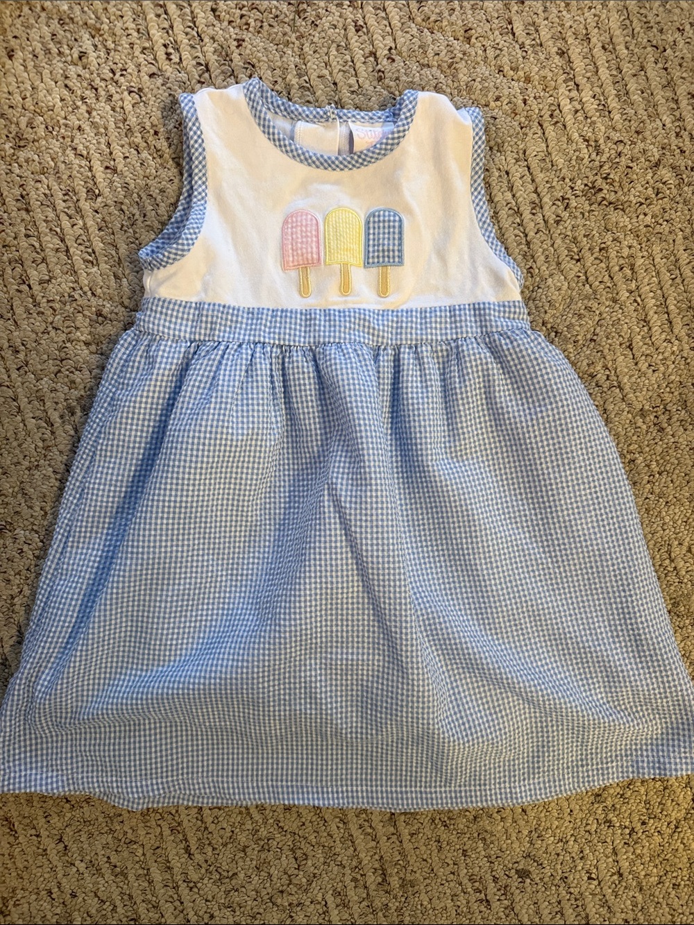 Girls Blue Gingham Sleeveless Dress with Popsicle Appliqué